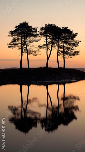 The silhouette of trees on the shore, reflecting in the calm waters at sunset
