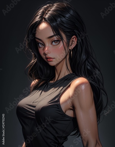 A woman with long black hair wearing a black dress