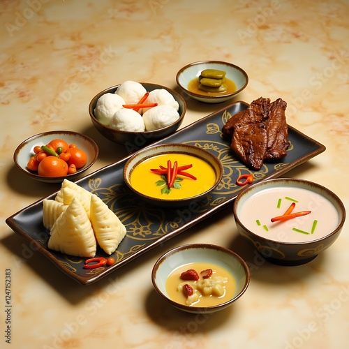 Indonesian Eid Celebration Food with Ketupat, Opor Ayam, Rendang, and Lontong Sayur