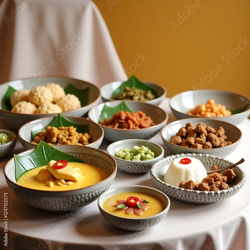 Delicious Indonesian Eid Specialties: Rice Cakes, Chicken Curry, Spiced Beef, and Coconut Soup