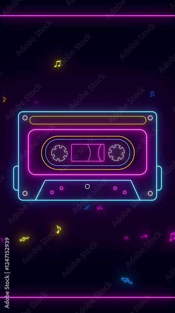 neon lights retro cassette tape and music notes flying animation,music song nostalgic vertical social media motion background neon lights retro cassette tape and music notes flying animation,music song nostalgic vertical social media motion background