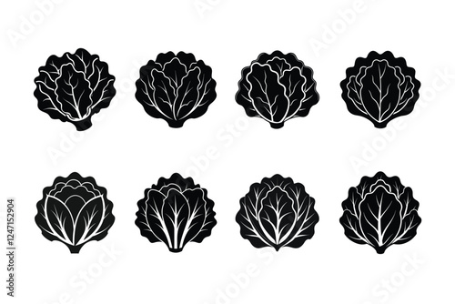 Lettuce Sativa Linocut Vector Silhouette Set 