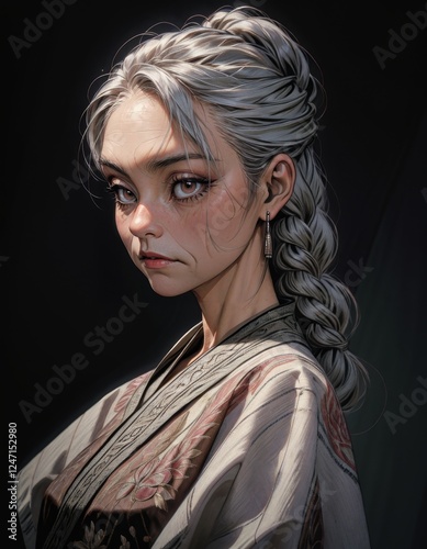 A woman with long white hair wearing a kimono