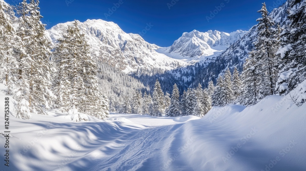 Fototapeta premium Spectacular winter view of a mountain trail surrounded by dense evergreen trees. The image conveys serenity and the allure of nature's untouched beauty.