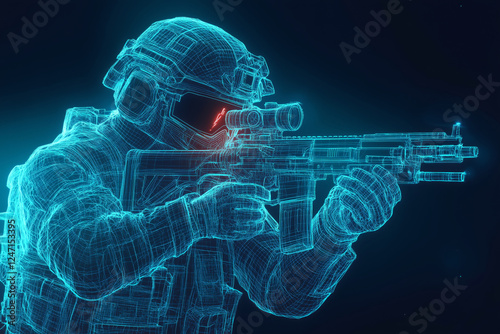 Digital wireframe soldier in tactical pose ready for action