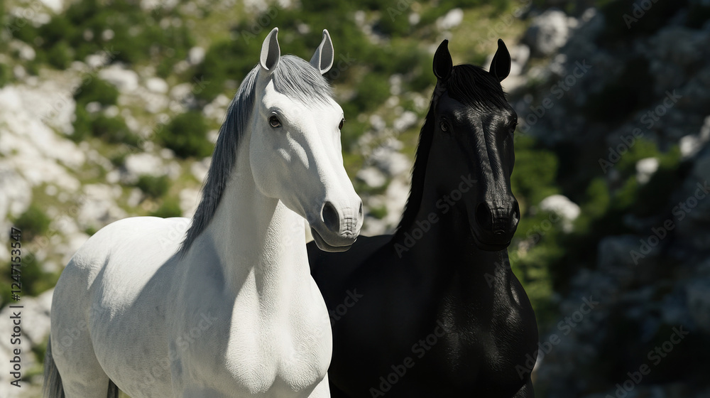 Realistic depiction of a white horse and a black horse, with a mysterious high-end mountain range and a dark background in the distant view. Realistic depiction of a white horse and a black horse, with a mysterious high-end mountain range and a dark background in the distant view.