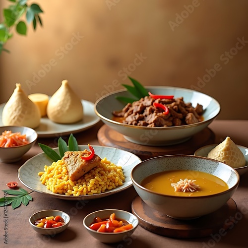Traditional Indonesian Eid Feast with Ketupat, Opor Ayam, Rendang, and Lontong Sayur