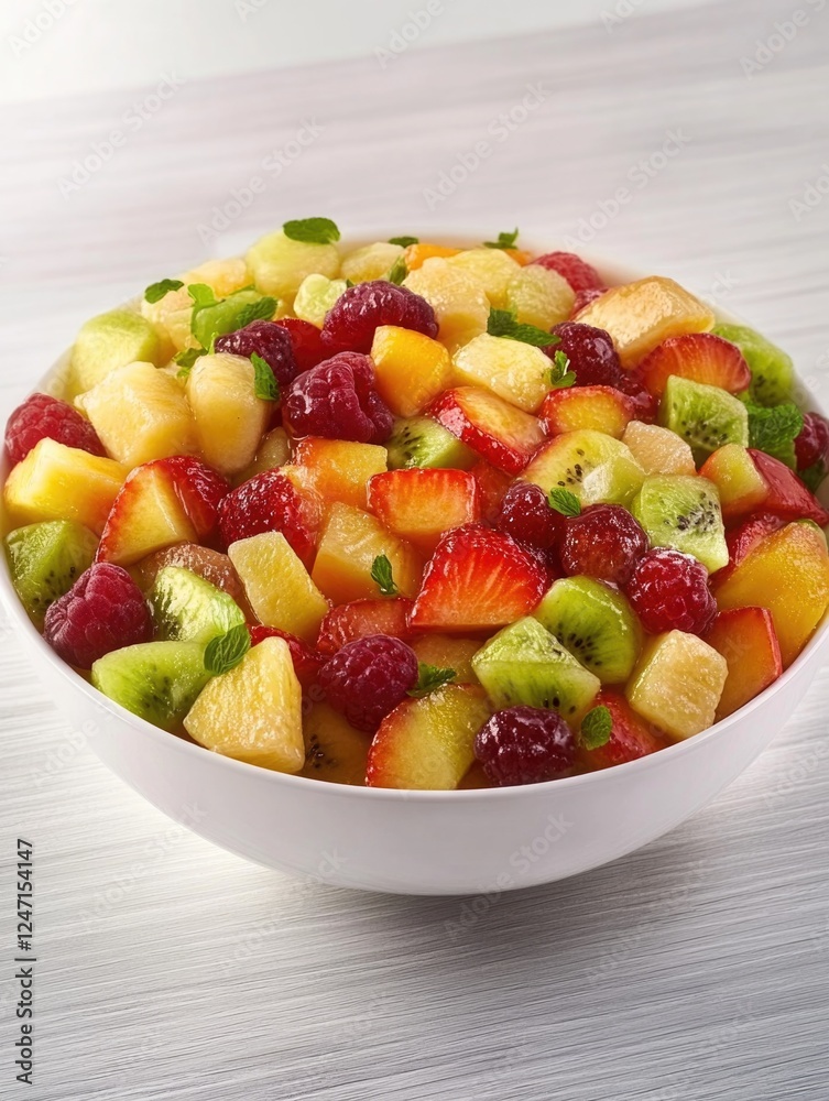 A fresh, colorful and refreshing fruit salad with slices of mango, kiwi and strawberry. A healthy and nutritious snack perfect for hot summer days. A fresh, colorful and refreshing fruit salad with slices of mango, kiwi and strawberry. A healthy and nutritious snack perfect for hot summer days.