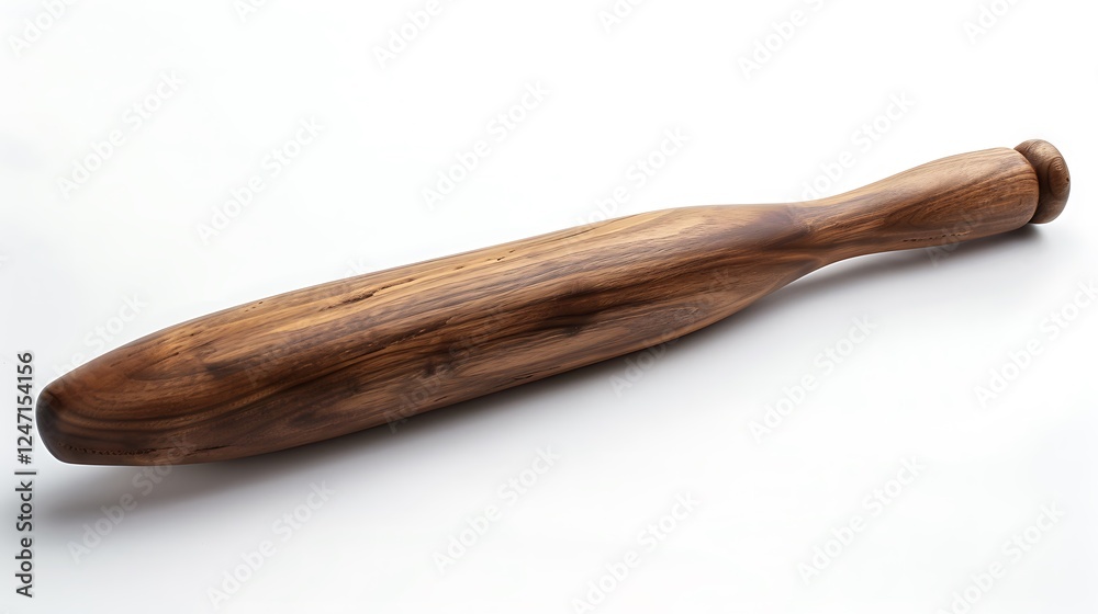 A wooden rolling pin with smooth handles on a white background A wooden rolling pin with smooth handles on a white background