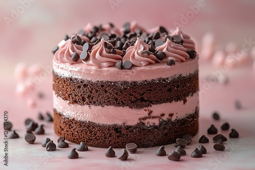 Delicious chocolate layer cake with pink frosting and chocolate chips Perfect for celebrations and sweet indulgence! Ready to be enjoyed photo