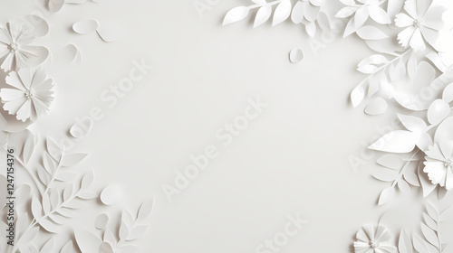 colorful paper-cut flowers and leaves on a white background, with empty space in the center for text or product display