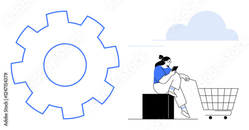 Gear icon and woman on a phone, shopping cart, cloud. Ideal for technology, e-commerce, online shopping, digital marketing, consumer behavior mobile apps modern business. Abstract line flat