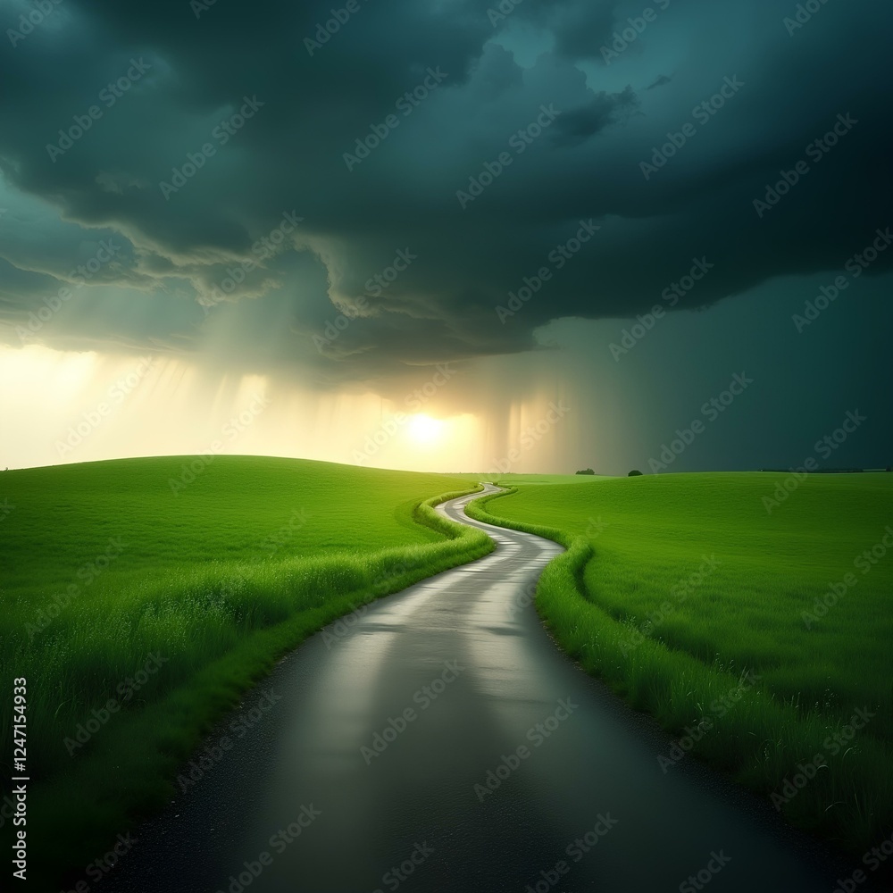 Fototapeta premium Road through the field, A green summer path stretches across the rural landscape, leading towards the horizon under a vast sky of clouds with sunlight in agriculture farmland at rainy day