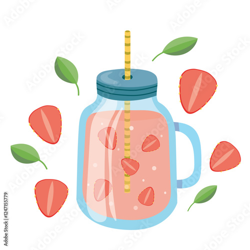 Vector illustration of a summer non-alcoholic drink in a glass jar with a straw. A pink cocktail made of strawberries and mint leaves.