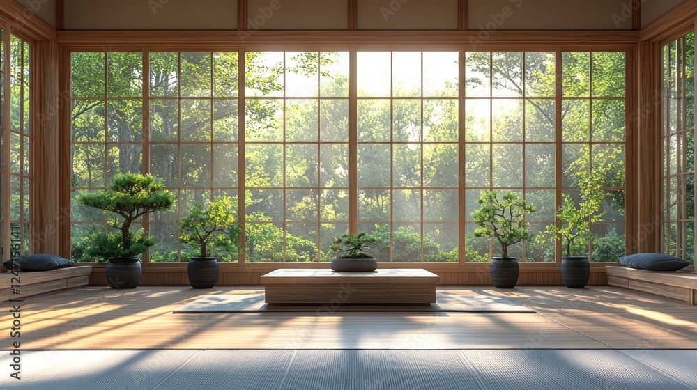Fototapeta premium Tranquil Zen garden room sunrise view