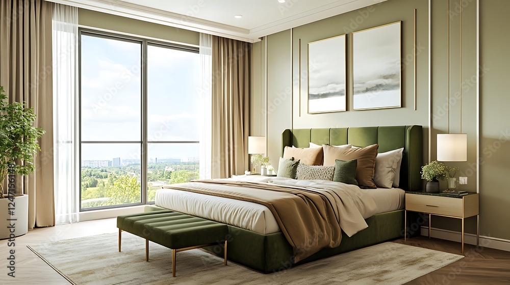 Fototapeta premium Modern Luxury Home Interior Bedroom Design with Mockup Frame , Wall, lamp, table, Poster(3d Render)