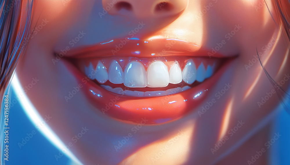 Fototapeta premium Close-up of a beautiful woman's smiling mouth with white teeth, against a blue background
