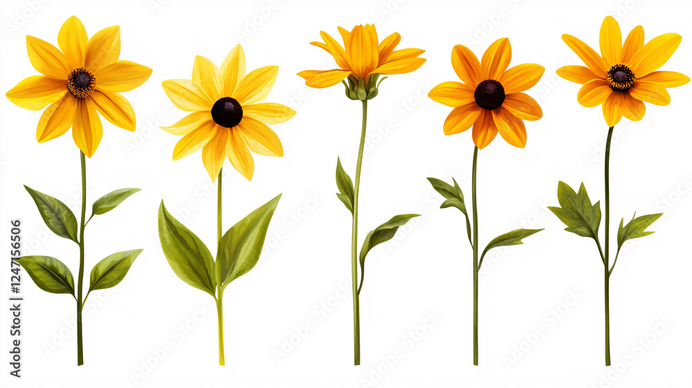 A collection of black-eyed Susan flowers displayed on a transparent background. A collection of black-eyed Susan flowers displayed on a transparent background.