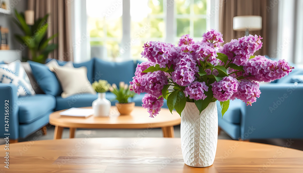 Beautiful vase of lilacs on a wooden table in a sunlit, cozy living room with modern decor. Beautiful vase of lilacs on a wooden table in a sunlit, cozy living room with modern decor.