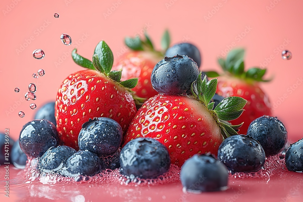Fresh strawberries and blueberries with water droplets on a pink background showcasing vibrant colors and healthy appeal Fresh strawberries and blueberries with water droplets on a pink background showcasing vibrant colors and healthy appeal