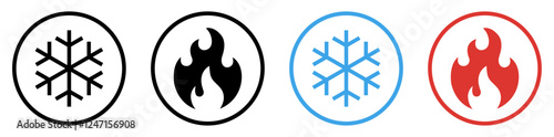 Snowflake and fire icon. Cold and hot sign symbol. Ice and flame fire icons in circle for app and web. Flat design. Vector illustration. Silhouette and outline style.