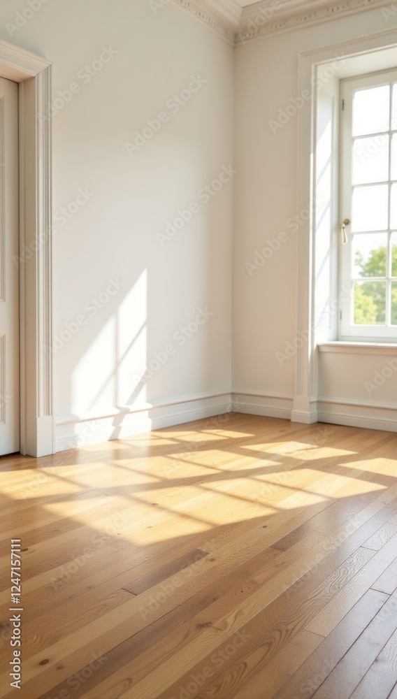 Empty Room Wooden Floor Sunlight Interior Background. Perfect for interior design mockups, website backgrounds Empty Room Wooden Floor Sunlight Interior Background. Perfect for interior design mockups, website backgrounds