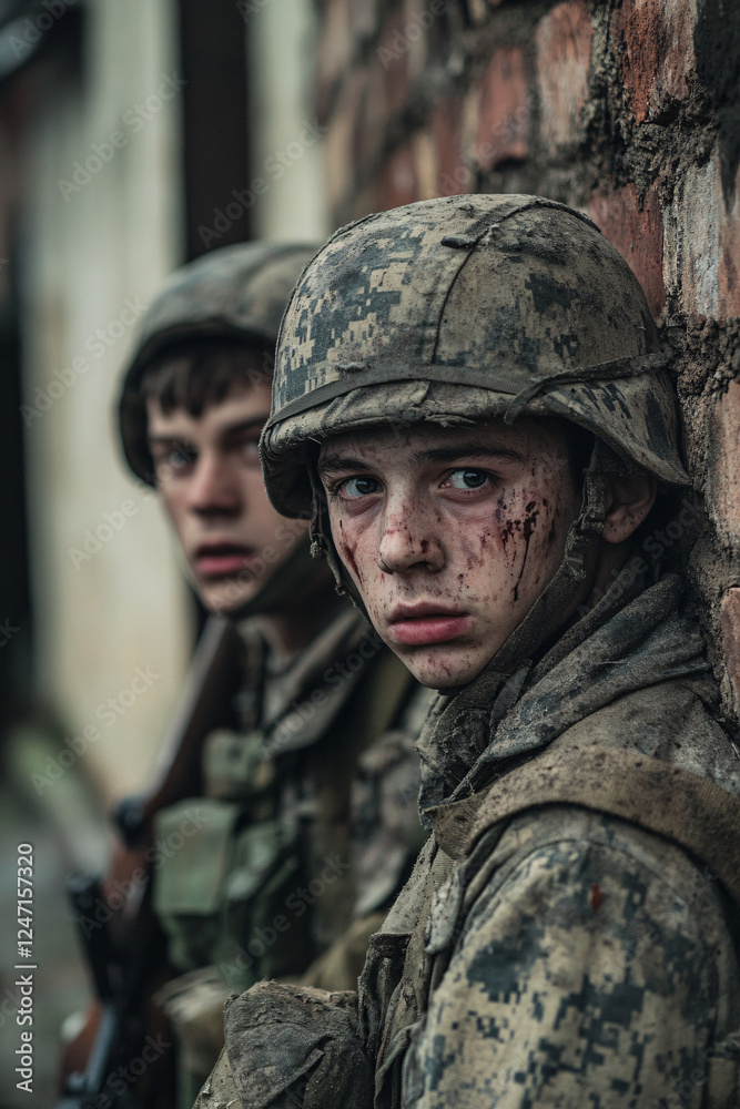 Group of Soldiers with Intense and Confused Expressions, Wearing Military Helmets and Gear, Depicting War, Tension, and Battlefield Uncertainty Group of Soldiers with Intense and Confused Expressions, Wearing Military Helmets and Gear, Depicting War, Tension, and Battlefield Uncertainty