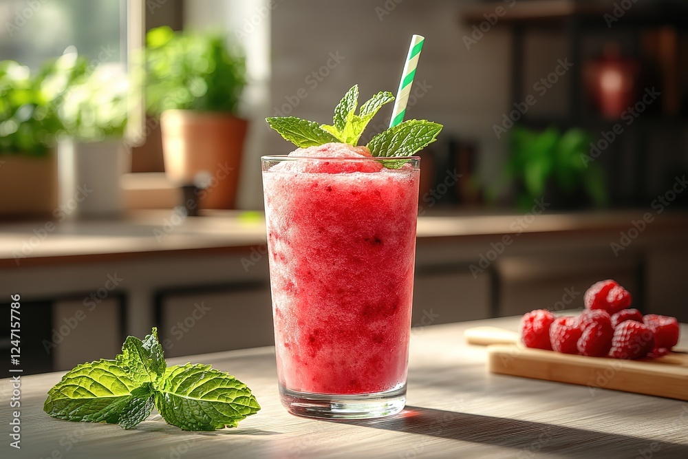 Refreshing raspberry slushy adorned with mint accompanied by a striped straw beside fresh raspberries on a wooden surface