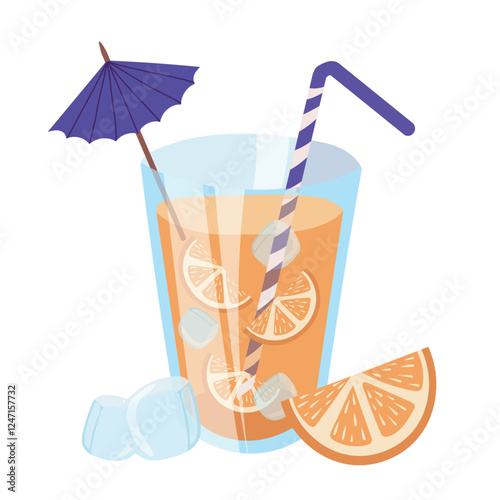Vector illustration of a summer non-alcoholic drink in a large glass with a straw and a paper umbrella. An orange cocktail with ice.