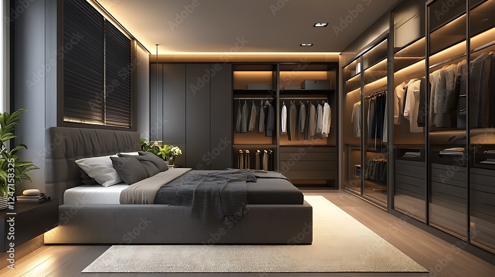 Fototapeta premium Modern Luxury Home Interior Bedroom Design with Mockup Frame , Wall, lamp, table, Poster(3d Render)