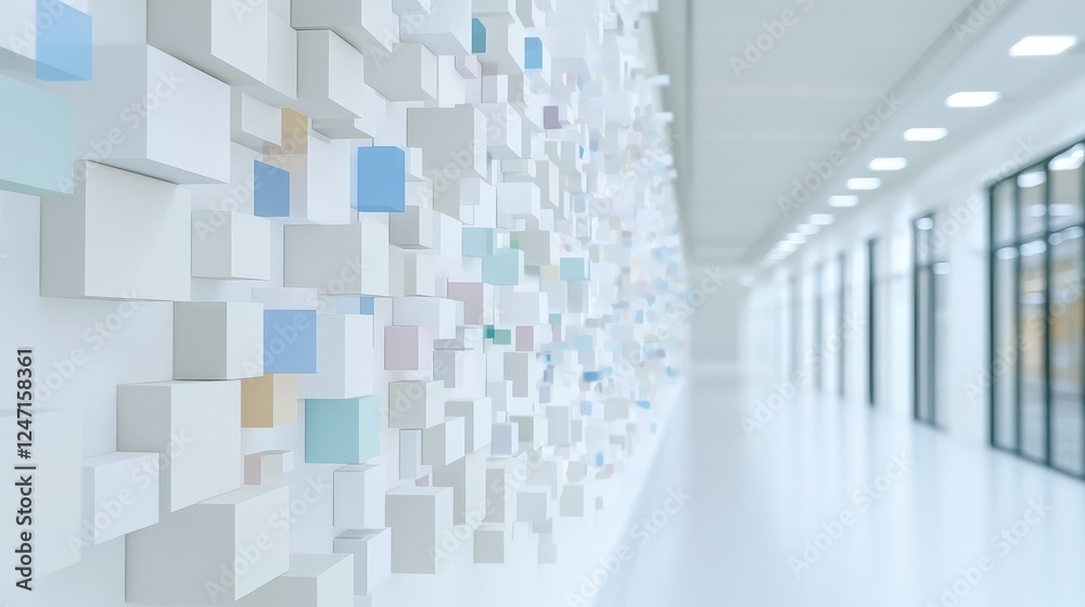 Fototapeta premium Colorful cube wall art in modern office hallway