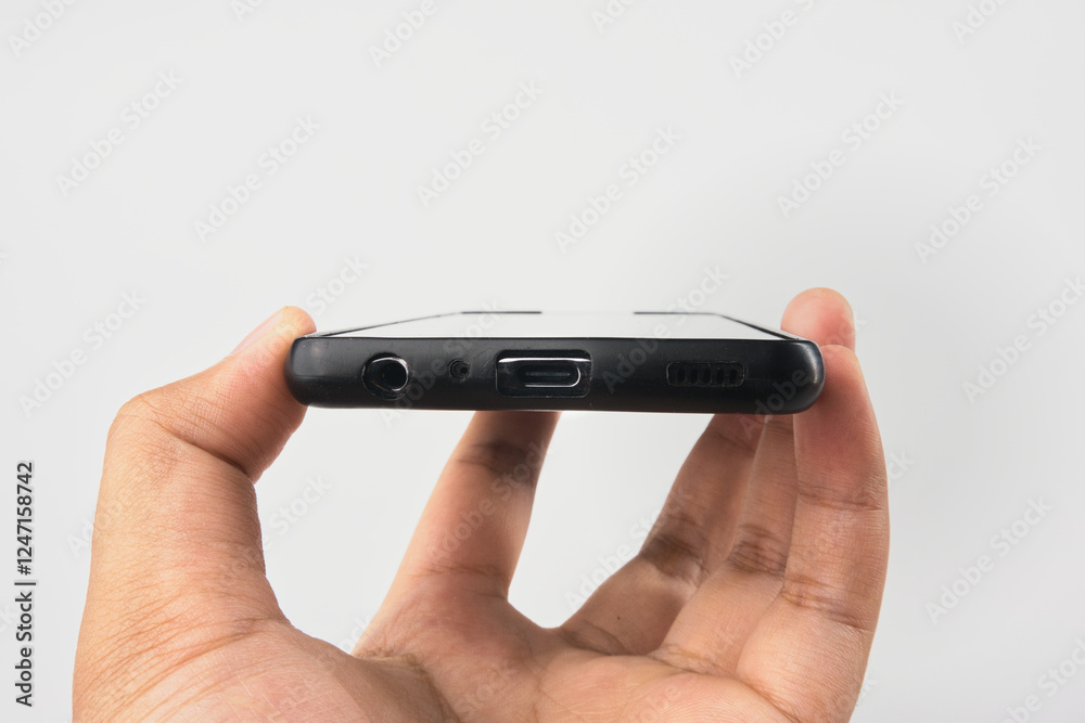 Close-up View of Smartphone Ports Held by a Hand on a Neutral Background Close-up View of Smartphone Ports Held by a Hand on a Neutral Background