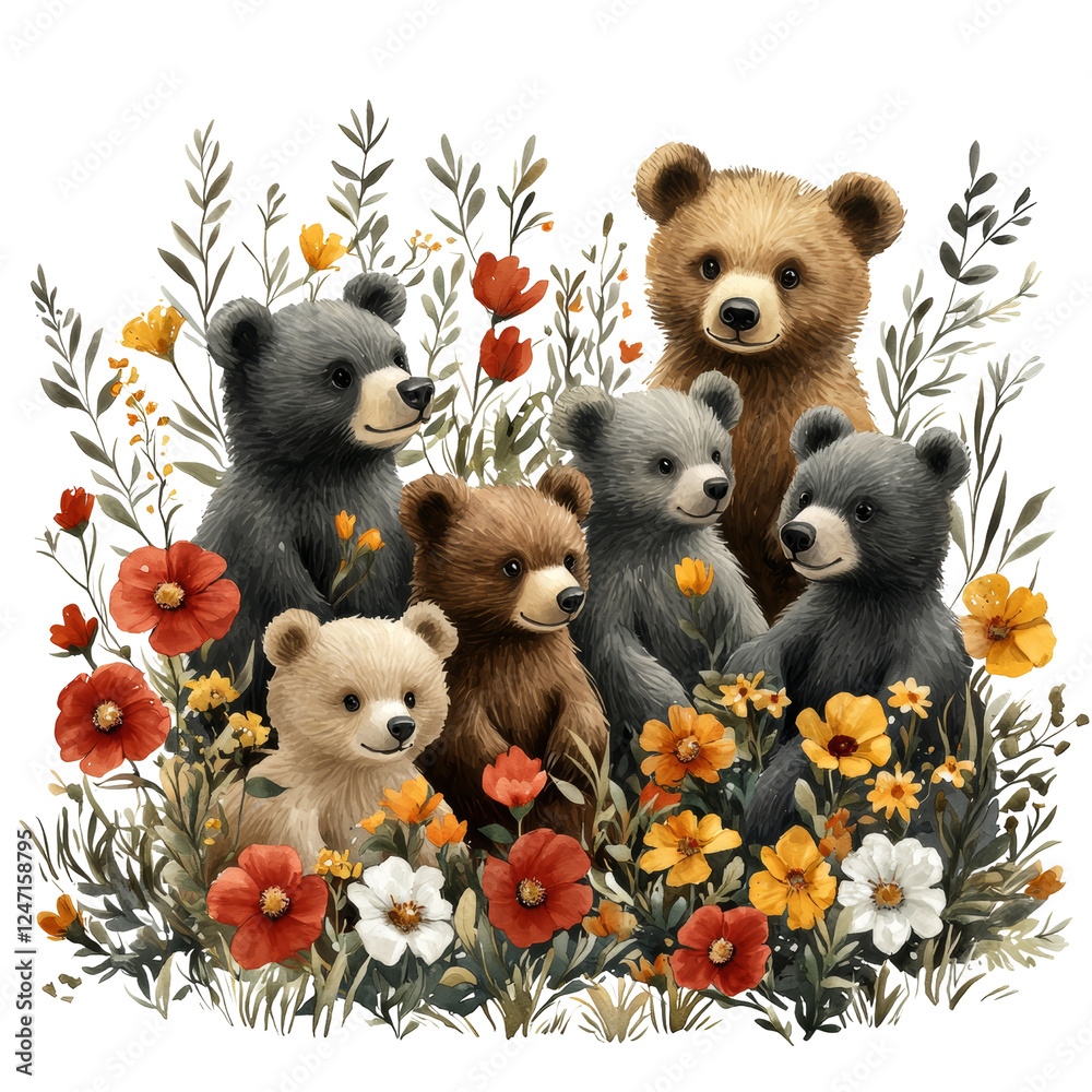 Obraz premium Cute Bears Surrounded by Colorful Flowers in Whimsical Forest Setting