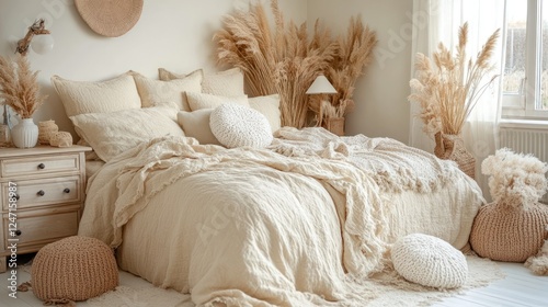 Beige linen bedding, bedroom, pampas grass, natural decor, home staging photo