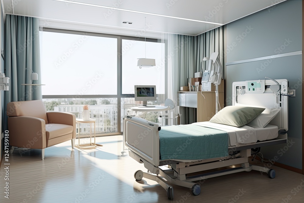 A spacious and well-lit hospital room features a patient bed A spacious and well-lit hospital room features a patient bed