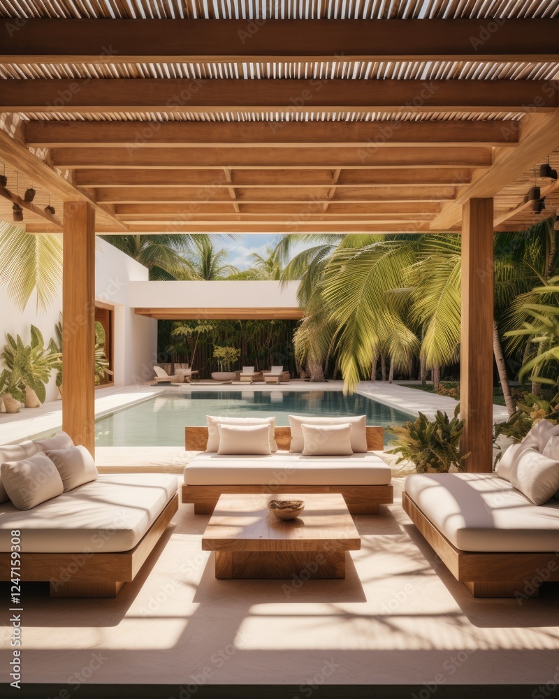 Obraz premium Brightly colored seating surrounds a serene pool reflecting the stunning desert landscape