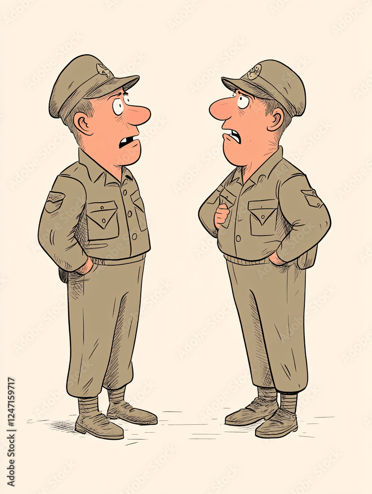 Cartoon Illustration of Military Soldiers with Confused Expressions, Wearing Helmets and Uniforms, Depicting Humor, Strategy, and Teamwork Cartoon Illustration of Military Soldiers with Confused Expressions, Wearing Helmets and Uniforms, Depicting Humor, Strategy, and Teamwork