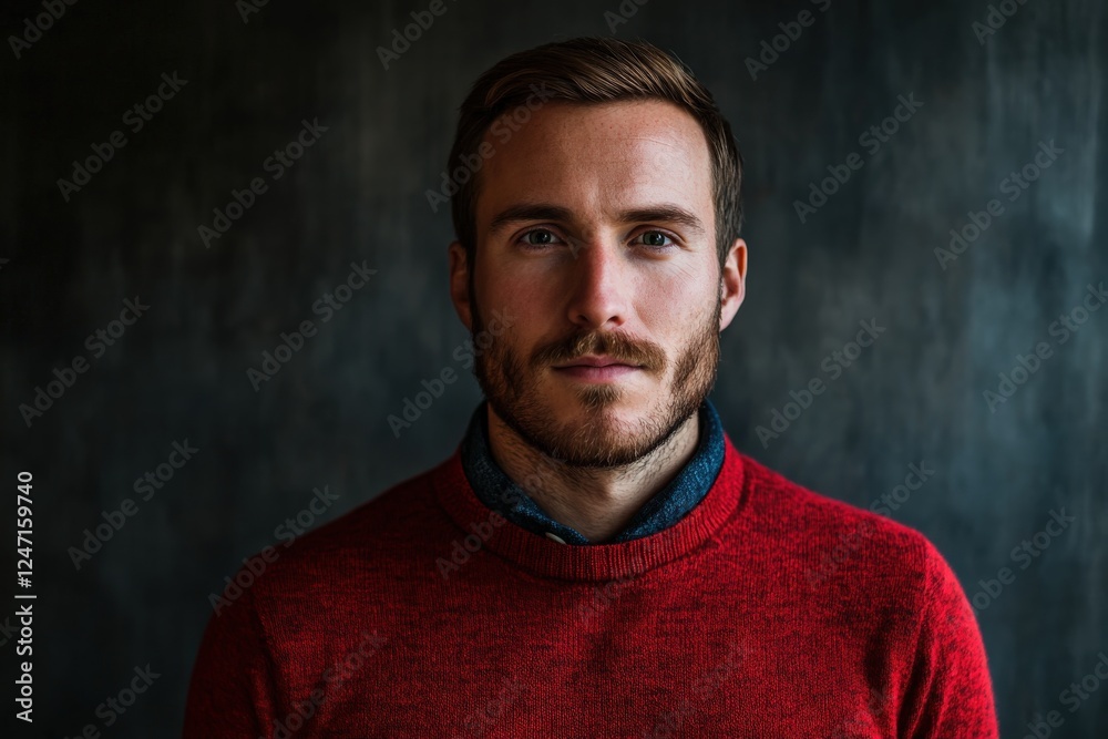 Fototapeta premium Portrait of a Confident Young Man in a Red Sweater Against a Dark Background
