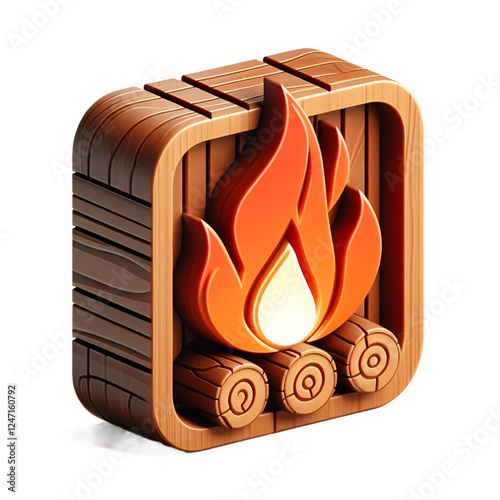 Fire 3d icon with wooden texture isolated on white background