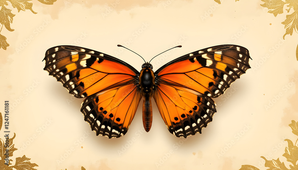 Fototapeta premium Butterfly with orange wings on decorative background