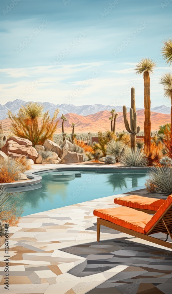 Obraz premium A serene desert scene featuring a crystal-clear pool framed by colorful cacti and desert plants, set against a vast landscape of mountains and blue skies during daylight.