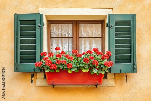 A window adorned with green shutters and a flower box filled with red flowers