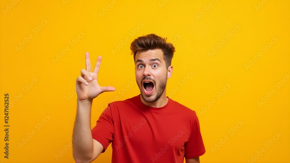 excited young man making a playful hand gesture, smiling brightly isolated on a yellow background showing a fun and dynamic personality in a modern casual portrait excited young man making a playful hand gesture, smiling brightly isolated on a yellow background showing a fun and dynamic personality in a modern casual portrait