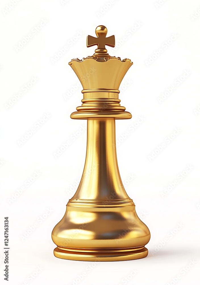 3D rendering of a golden chess piece queen on a white background, in a simple and minimalistic style, high resolution, realistic 3D rendering of a golden chess piece queen on a white background, in a simple and minimalistic style, high resolution, realistic