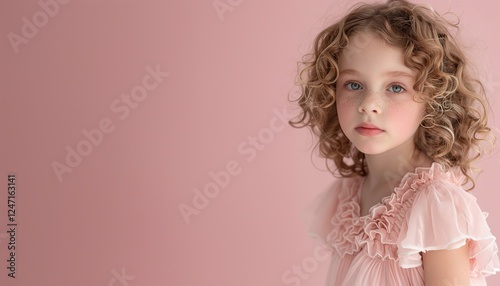 Cute little girl with curly hair, wearing ruffled pink dress, dreamy child portrait, soft pastel background, innocence and childhood charm, clean minimal setting

