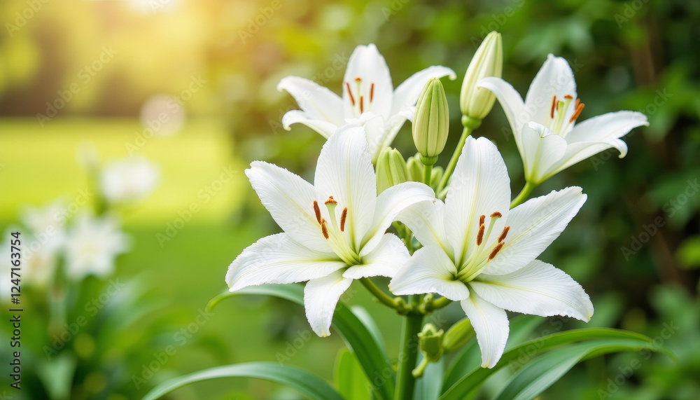 Fototapeta premium Pristine white lily flowers blooming in botanical garden, natural beauty