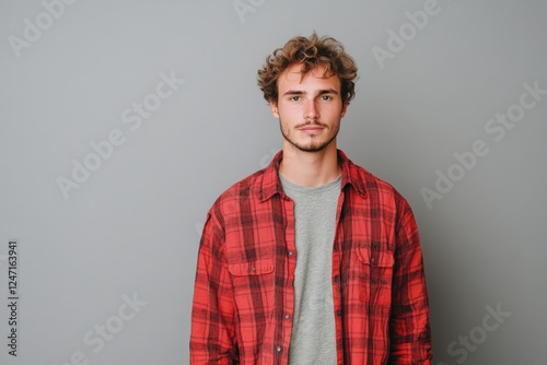 Casual Portrait of a Young Man in a Red Flannel Shirt Against a Gray Background