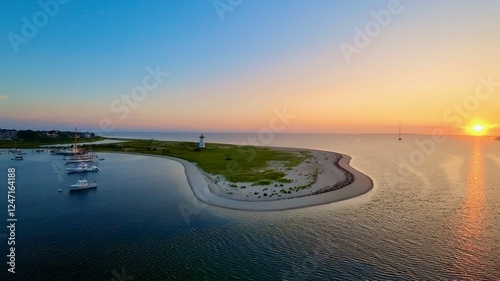 Sunset over Cape Cod coastline with lighthouse photo