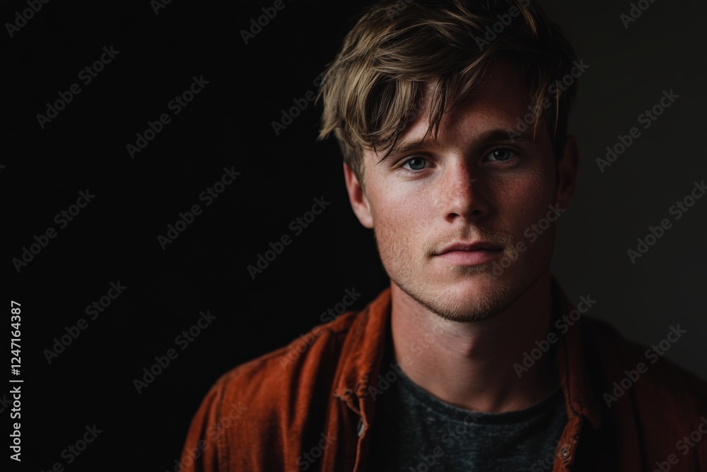 Fototapeta premium Portrait of a Young Man with Stylish Hair and Casual Attire Against a Dark Background