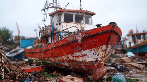 Rusty fishing boat ashore, debris background, coastal disaster aftermath
